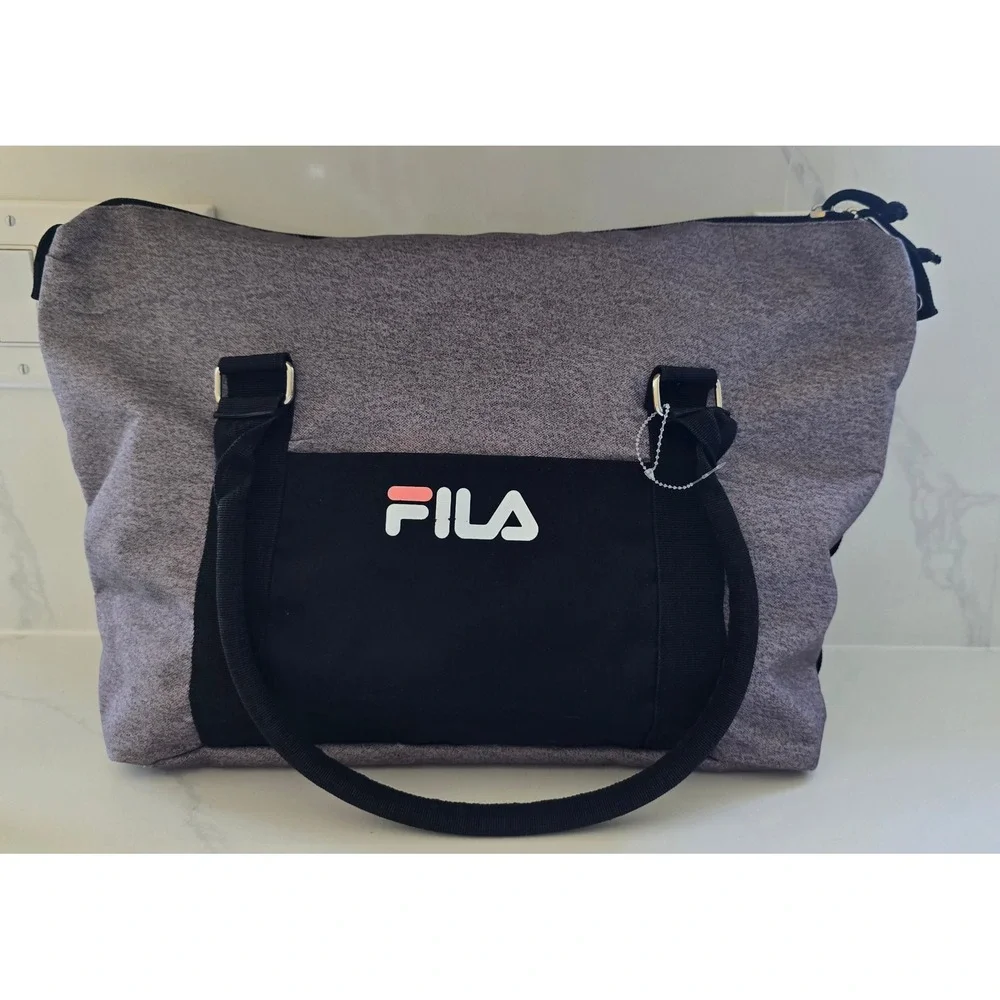 Fila Grey Heathered‎ Duffel Bag Black Trim Front Pocket Zip Closure 12x16 NWOT